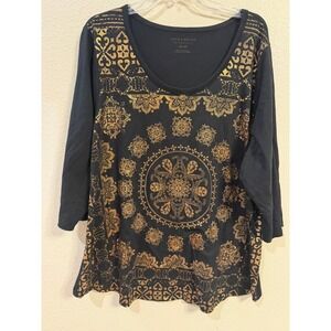 Lucky Brand Graphic TOP 2X Black Excellent Gold Metallic Mandala 3/4 Sleeve